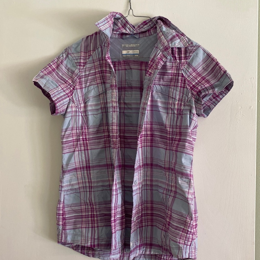 Columbia blue purple plaid hiking shirt